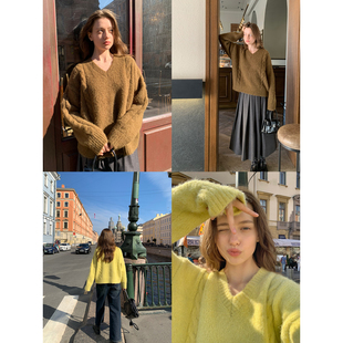 KERNEL COSMOS 波特兰秋日 浓郁复古V领纽花慵懒羊毛毛衣