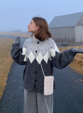 KERNEL COSMOS冬末信件 北欧古着感撞色针织衫菱格摩天轮羊毛开衫