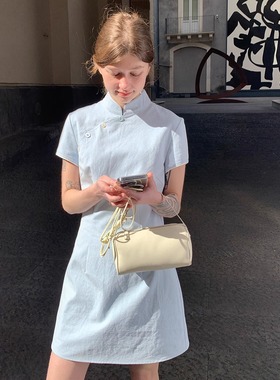 KERNEL COSMOS 苍蓝信笺 改良旗袍新中式收腰显瘦牛仔短裙连衣裙