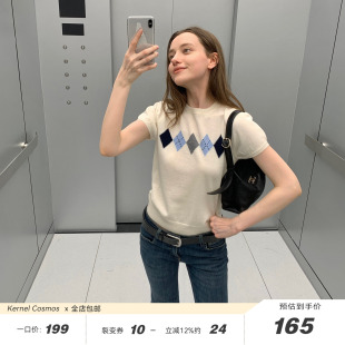 夏日时髦复古撞色菱格短袖 佩尼达岛 针织上衣 COSMOS KERNEL