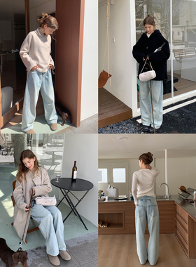 KERNEL COSMOS东区漫步 酵素复古水洗休闲巴黎扣百搭宽松牛仔长裤