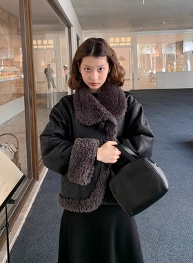 KERNEL COSMOS哈林顿冬城 不规则羊羔毛翻领廓形皮毛一体夹克外套