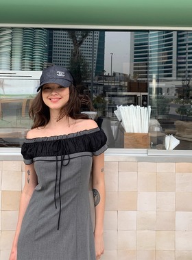 KERNEL COSMOS 约瑟芬小调 复古一字领花边系带拼色收腰短连衣裙