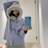 慵懒感软糯百搭连帽毛领单扣羊毛针织开衫 KERNEL COSMOS海盐奶霜