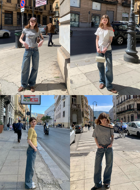 KERNEL COSMOS【奥提伽街区】时髦复古水洗猫须中腰直筒牛仔裤