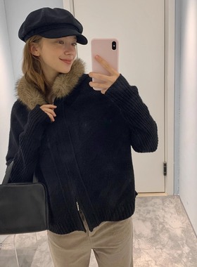 KERNEL COSMOS 夜雾冬寂 复古撞色毛领蝙蝠袖针织全羊毛开衫上衣