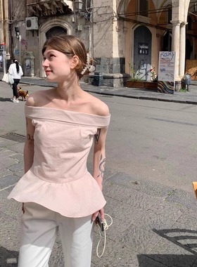 KERNEL COSMOS 西西里情书 度假风一字肩收腰显瘦无袖荷叶边上衣