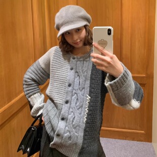 冬时髦拼色复古麻花慵懒设计感毛织开衫 KERNEL COSMOS特伯雷拼图