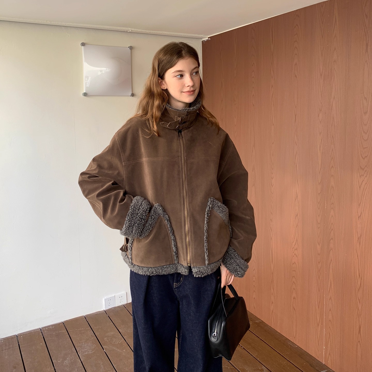 果核宇宙麂皮撞色毛绒夹克外套