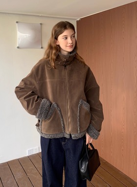 KERNEL COSMOS 冬野牧场 复古巴恩风麂皮撞色羊羔毛夹克外套