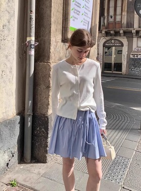 KERNEL COSMOS海盐苏打 夏日小清新蓝条纹百褶裙一片裹身系带短裙