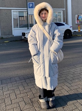 KERNEL COSMOS  雷克雅冰湖 冬温暖狐狸毛领宽松长款厚羽绒服