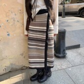 秋日地平线 KERNEL COSMOS 艺术感撞色条纹牛角扣流苏针织半身裙