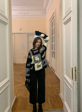 KERNEL COSMOS 猫咪绘本集 重工慵懒复古拼格套头猫咪毛衣