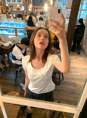 KERNEL COSMOS 日常少女 复古圆领木耳边短款上衣休闲白色衬衫