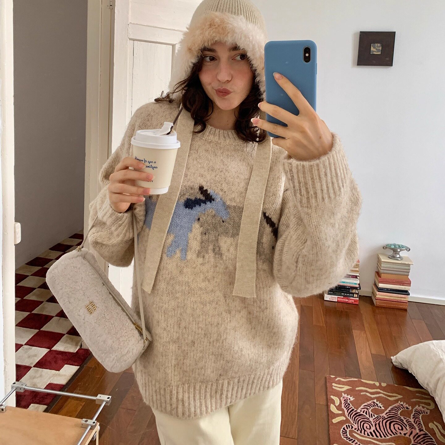 果核宇宙毛边防寒绵羊毛针织帽