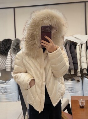 貉子毛领连帽加厚白鸭绒羽绒服