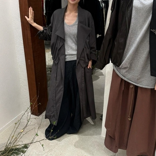 DVZ欧韩极简风翻领过膝长款羊毛风衣女系带收腰显瘦百搭通勤外套1