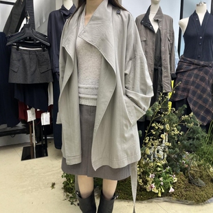 DVZ韩系气质立领中长款莱赛尔棉风衣女宽松廓形通勤系带收腰外套1