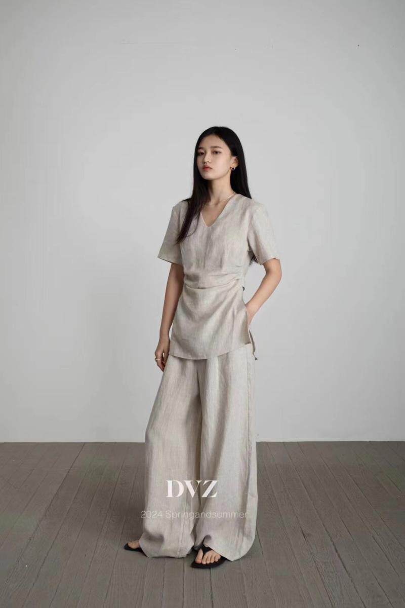 清仓特价DVZ欧韩夏季时尚气质显瘦短袖上衣+拖地阔腿裤亚麻套装女