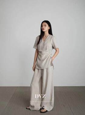 DVZ夏季亚麻显瘦短袖阔腿套装