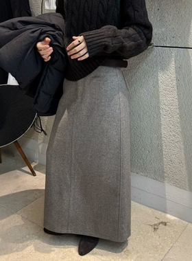 DVZ欧洲站2025冬季时尚百搭高腰显瘦后开叉A字包臀裙女羊毛半身裙
