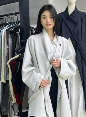 欧洲站高品质天丝棉绑带收腰中长款大翻领松弛感宽松慵懒风风衣女