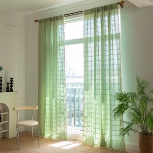 田园清新绿色格子窗帘成品美式复古绿色半遮光客厅阳台厨房飘窗帘