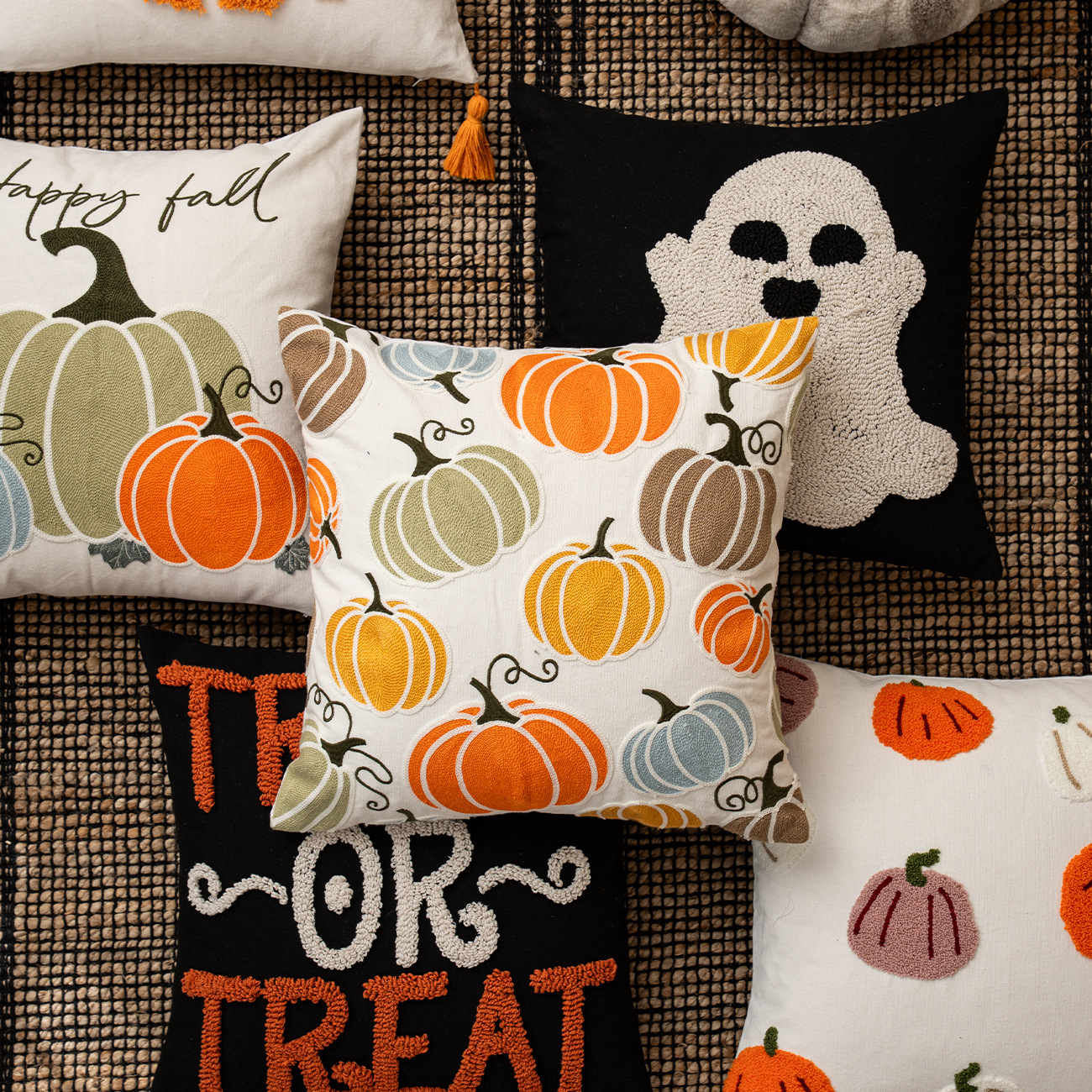 外贸跨境万圣节抱枕套南瓜卡通毛巾绣抱枕帆布家居沙发靠枕套