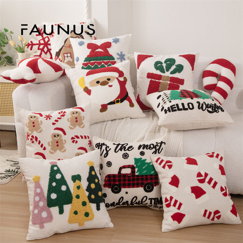 外贸新年圣诞节高级感刺绣簇绒抱枕拐棍圣诞帽圈绒雪尼尔枕套靠垫