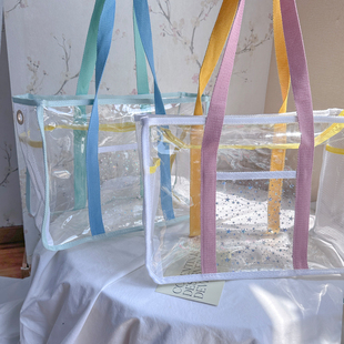 新款 韩国ins风度假旅行透明沙滩包防水游泳手提大容量单肩果冻包