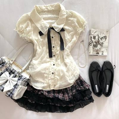 轻亚少女 原创杏色娃娃领短袖衬衫女夏季vintage古着穿搭甜美上衣