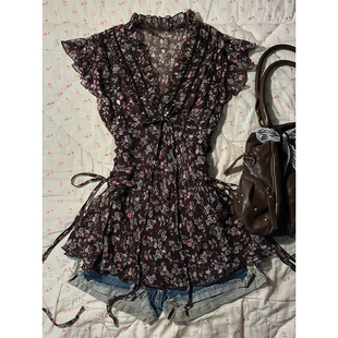 女夏vintage古着穿搭别致漂亮小衫 轻亚少女 原创褐色碎花雪纺衬衫