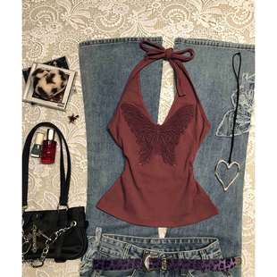 轻亚少女 原创红色挂脖吊带背心女夏季vintage古着穿搭甜辣风上衣