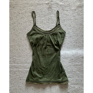 轻亚少女 原创绿色蕾丝拼接吊带背心女春夏2025新款美式复古上衣