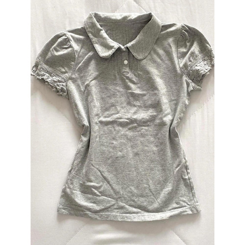 涂涂和阿冉 原创灰色娃娃领蕾丝短袖T恤女夏新款古着穿搭收腰上衣