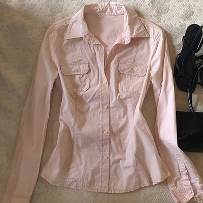 轻亚少女 原创粉色工装长袖衬衫女春季vintage古着穿搭美式上衣潮
