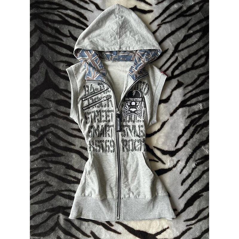 轻亚少女 原创美式复古字母无袖连帽衫卫衣女早秋vintage穿搭上衣