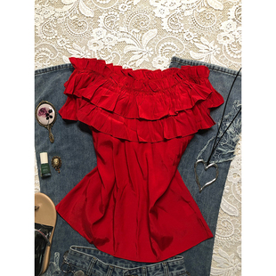 轻亚少女 原创红色无袖小衫女夏季vintage古着穿搭一字肩抹胸上衣