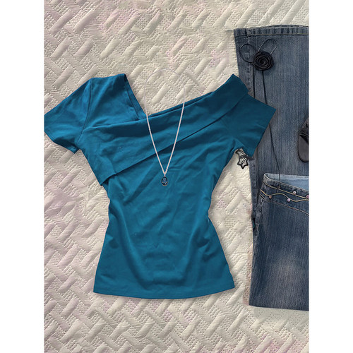 禾阿冉 原创蓝色不规则v领短袖T恤女夏季2025年新款古着穿搭上衣