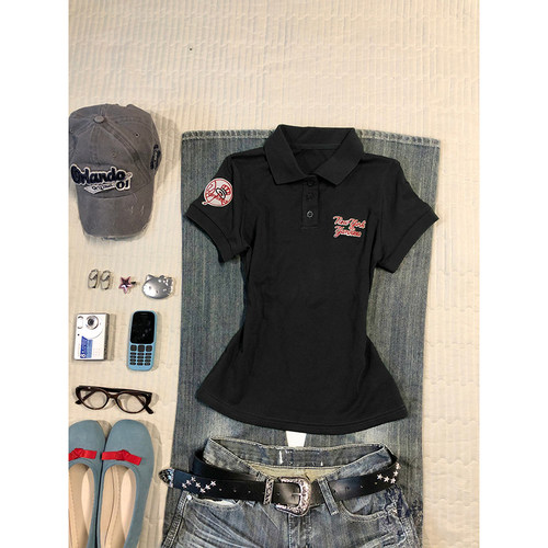 涂涂和阿冉 原创黑色显瘦正肩短袖T恤女夏季vintage古着穿搭上衣