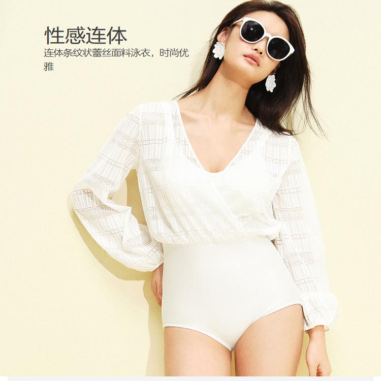 EBRA安莉芳旗下新品蕾丝长袖泳装女士显瘦三角连体游泳衣KS00028