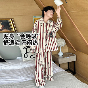 湖州织里童装纯棉男童衬衫款睡衣 2025春秋款儿童条纹家居服批发