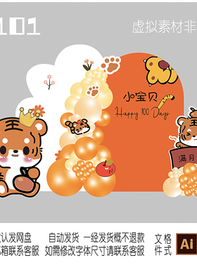 101橙色柿子老虎宝宝宴满月百天周岁生日宴背景KT板高清设计素材