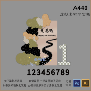 A440美式 精致小预算棕色背景板男孩周岁生日布置KT板设计素材PSD