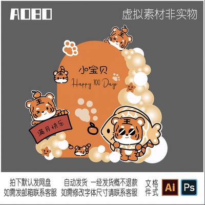 080国潮新中式小老虎百天宴虎宝宝周岁宴背景KT板设计素材高清PS