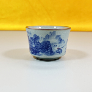 景德镇陶瓷客杯千里江山图茶具青花山水高温釉下彩老陶泥开片杯子