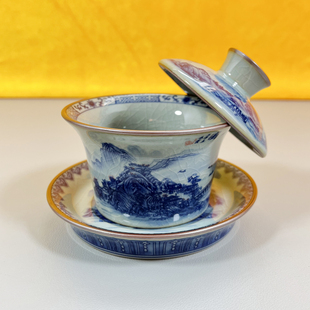 景德镇陶瓷三才盖碗千里江山图青花山水釉下彩茶具老陶泥开片杯子