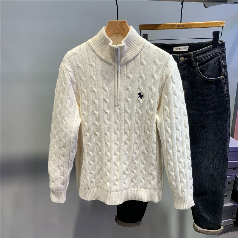 卡通刺绣半拉链立领针织衫