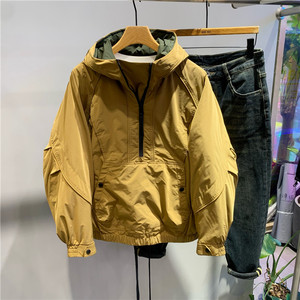 潮牌半拉链设计款撞色工装连帽羽绒服冬季新款美式休闲帅气保暖男